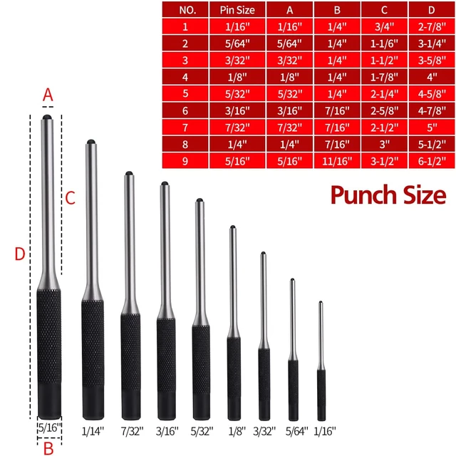 9 Pcs Roll Pin Punch Set Steel Punches Hand Pin Removing Tool with Carrying  Case for