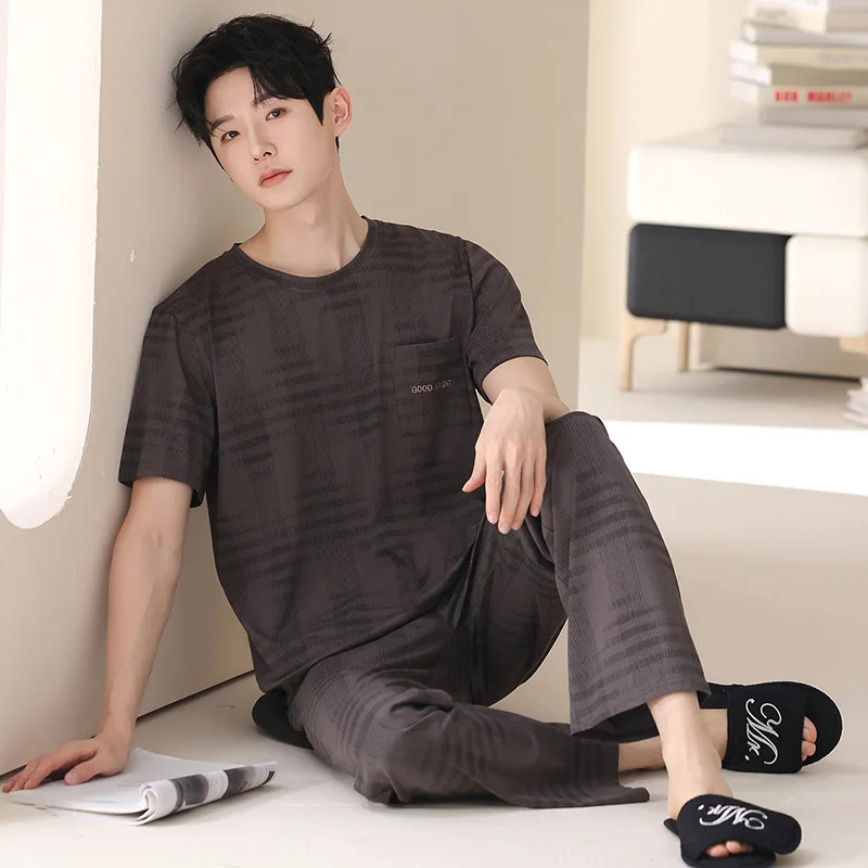 여름 남성 잠옷 세트 반팔 긴 바지 라이오셀 코튼 실키한 피부촉감 통기성 좋은 야외 홈웨어 옴브레 파자마