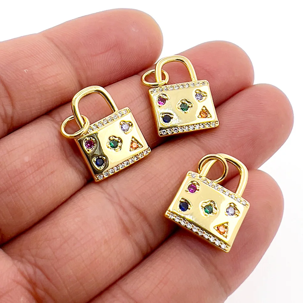 

Classic Punk Lock Necklace Pendant Gold Plated Copper Inlaid Colorful Zircon Charm Jewelry DIY Making Couple Accessories Gift