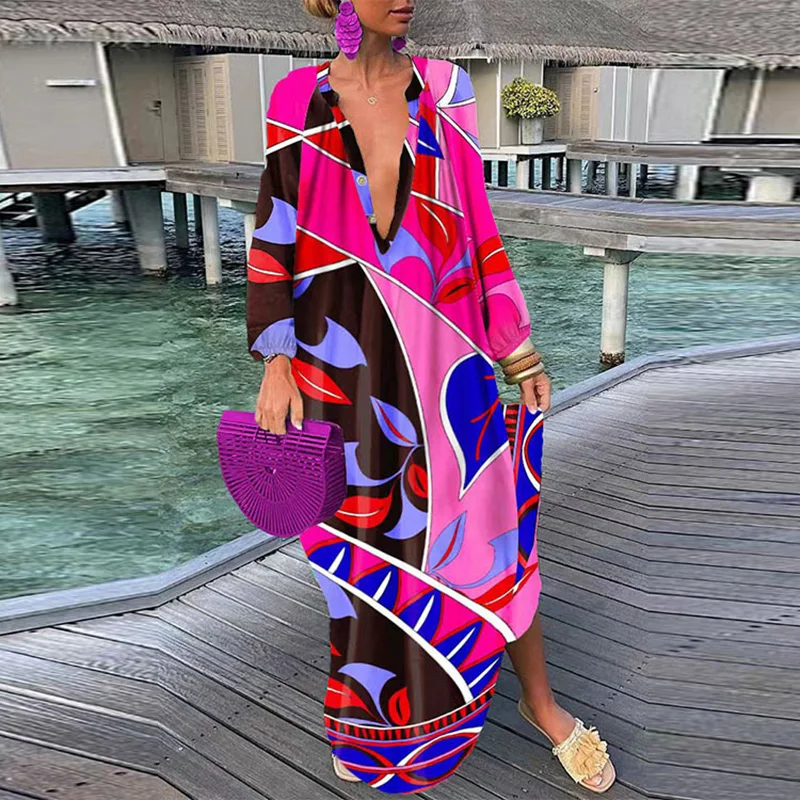 Fashion Maxi Dresses For Women V Neck Long Sleeve Party Dress Boho Vintage Print Long Dress Plus Size Loose Casual Vesitdos