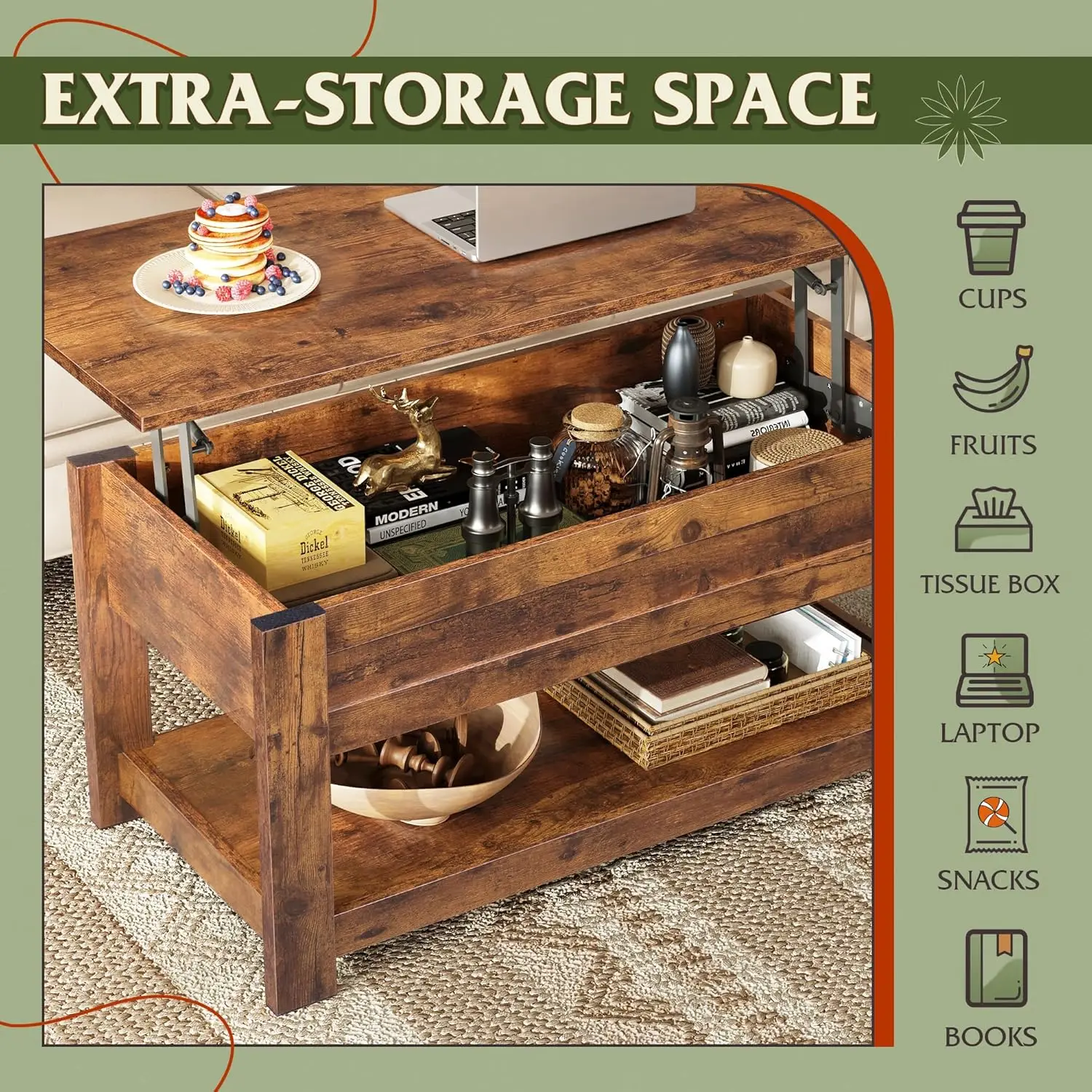 Coffee Table, 39" Lift Top Coffee Table with Hidden Compartment and Storage Shelf for Living Room, Rustic Brown