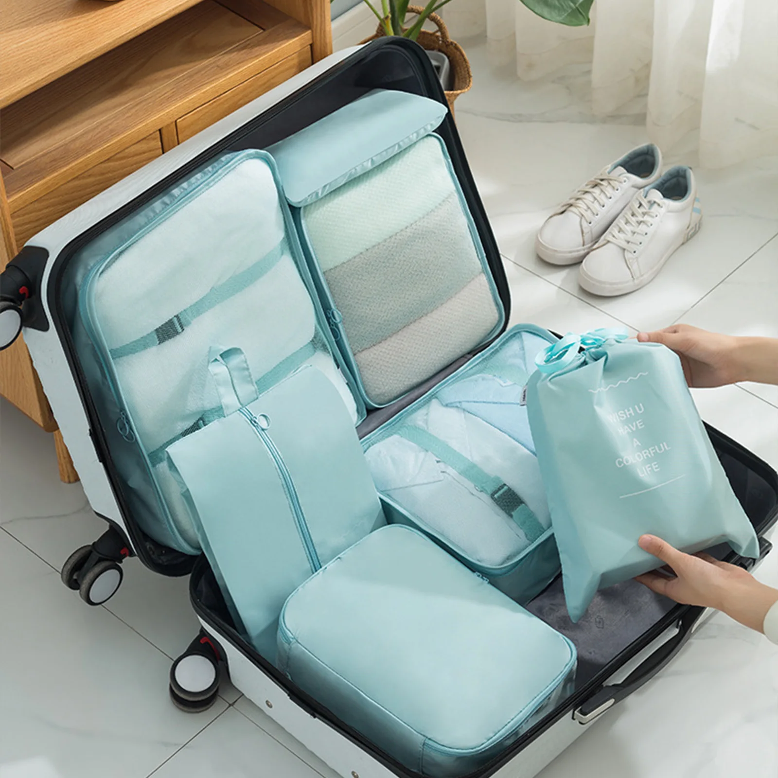 10-Piece Travel Packing Cube Set, Foldable Luggage Organizers with Mesh Window for Clothes and Shoes Storage