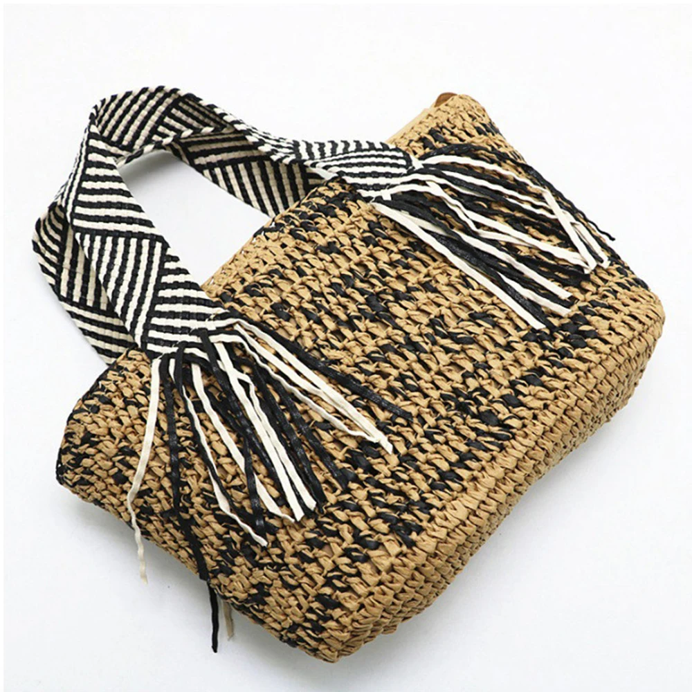 Summer Paper Rope Beach Bag Striped Tassel Handle Women Designer Handbags Bohemian Woven Straw Basket Bags for Women Tote Bag