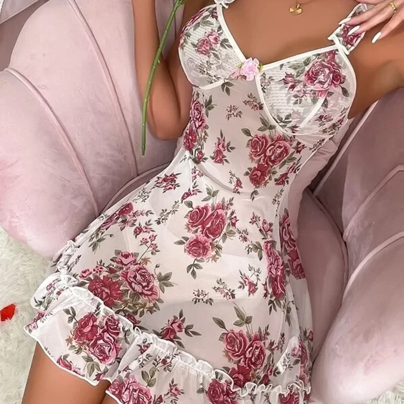 New floral pajama dress with suspender, sexy lingerie, floral perspective  short skirt, fashionable and fun lingerie, fashionable - AliExpress  200574005