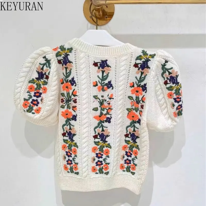 Flower Embroidery Short Sleeve Sweater Women Fashion Hollow Out Design O-Neck Slim Pullover Knitwear Crop Top 2023 Spring Summer