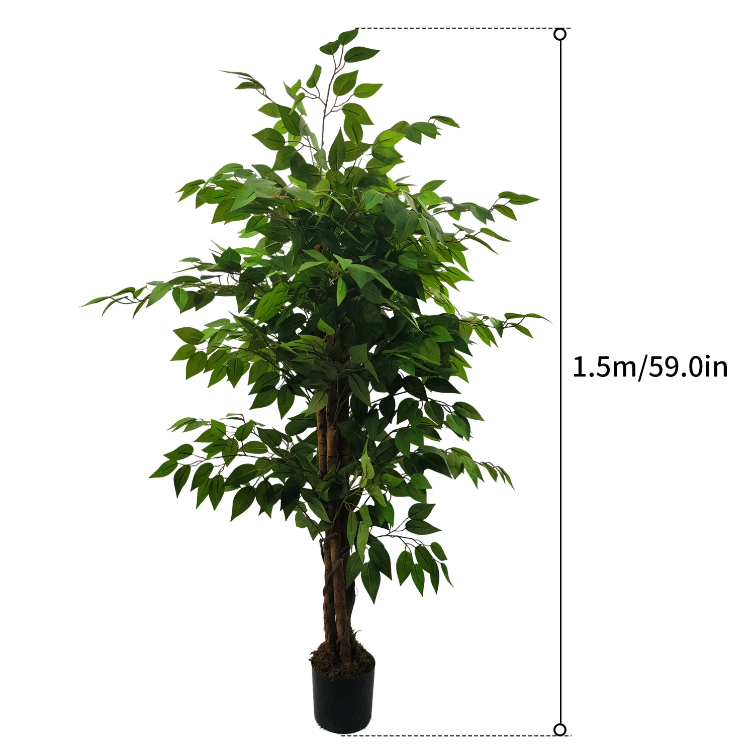 150/180 cm künstlicher Ficus-Baum – immergrüne buschige Pflanze mit schwarzem Kunststofftopf für Heim- und Büro-Innendekoration – Detail 7