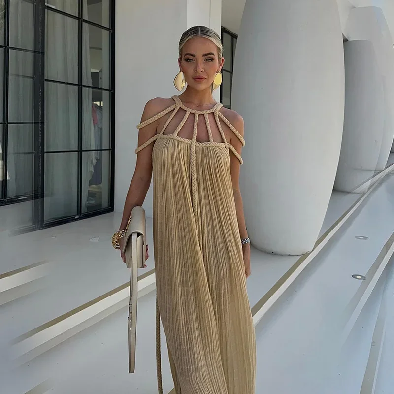 Vestido sexy maxi de chiffon con cuello halter y espalda baja Terracota Tallas Grandes