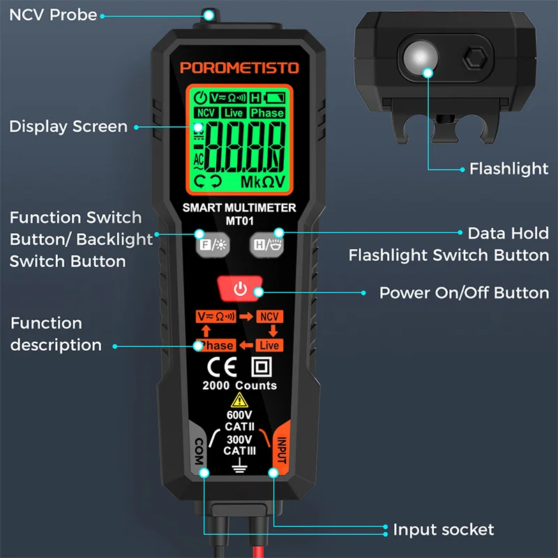 Multimètre numérique MT01 2000 points TRMS - Testeur électrique auto