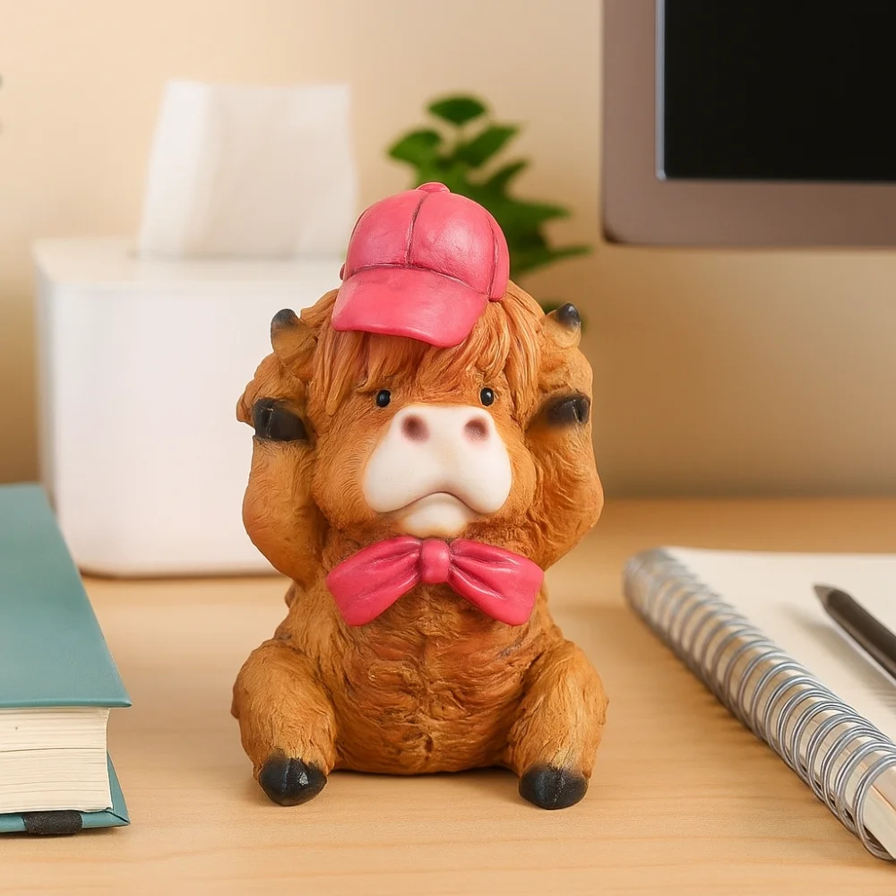 Resin Cartoon Cow Ornament Handmad Realistic Highland Cow Decor Crafts Funny Doll Animal Action Figure Kids Birthday Gift