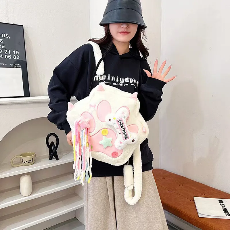 Kawaii Plush Backpack for Women Y2K Hexagon Shape Cow Print Soft Material Casual Outing Travel Rucksack