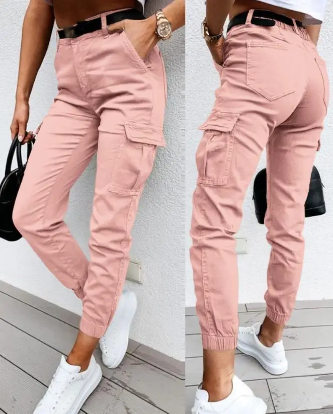 Women's Summer Pants Are Fashionable Simple Casual with A High Waisted Solid Color Pocket Design High Waisted Shoulder Straps