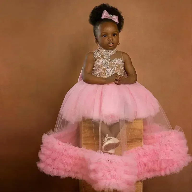 Pink Ball Gown Flower Girl Dresses For Wedding See Thro Beaded Puffy Little Girls Pageant Dress Toddler First Communion Gowns Pink Ball Gown Flower Girl Dresses For Wedding See Thro Beaded Puffy Little Girls Pageant Dress Toddler First Communion Gowns