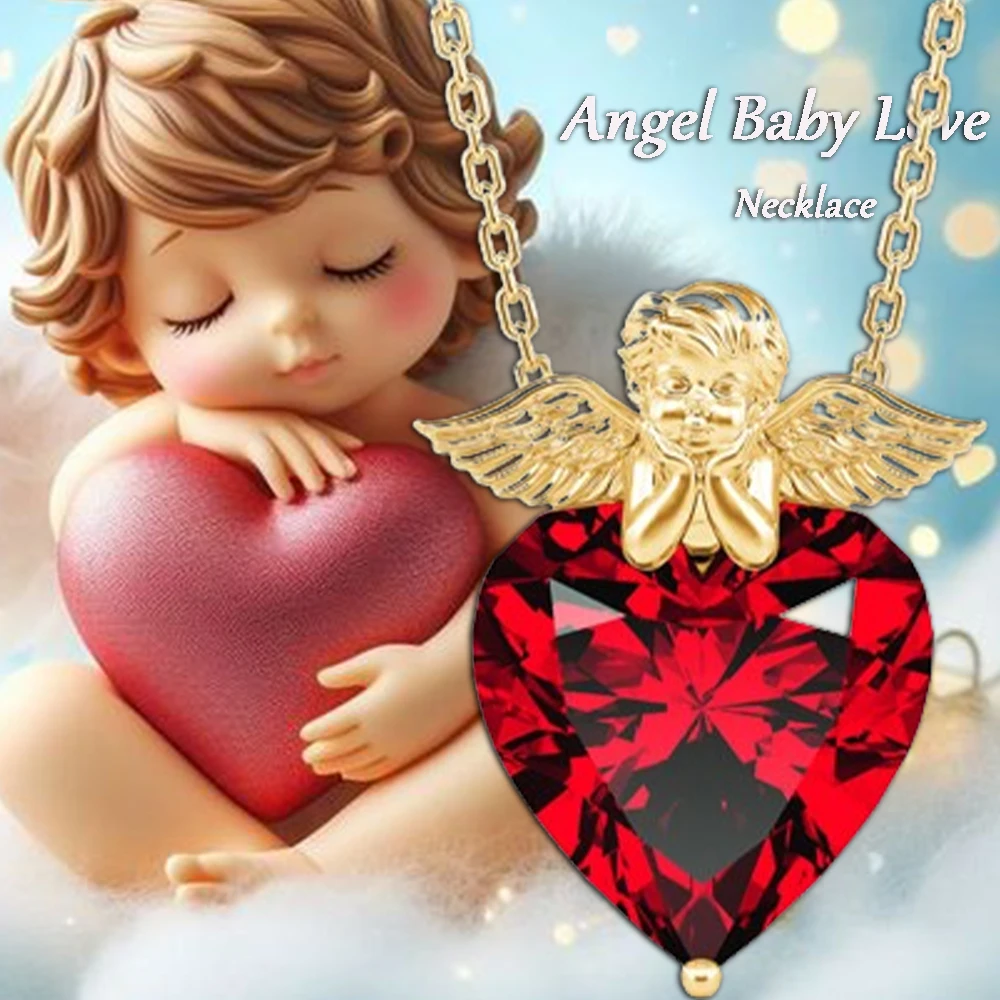 

Stylish and Exquisite Vintage Red Heart-shaped Gemstone Cherub Pendant Necklace, A Perfect Gift for Your Family