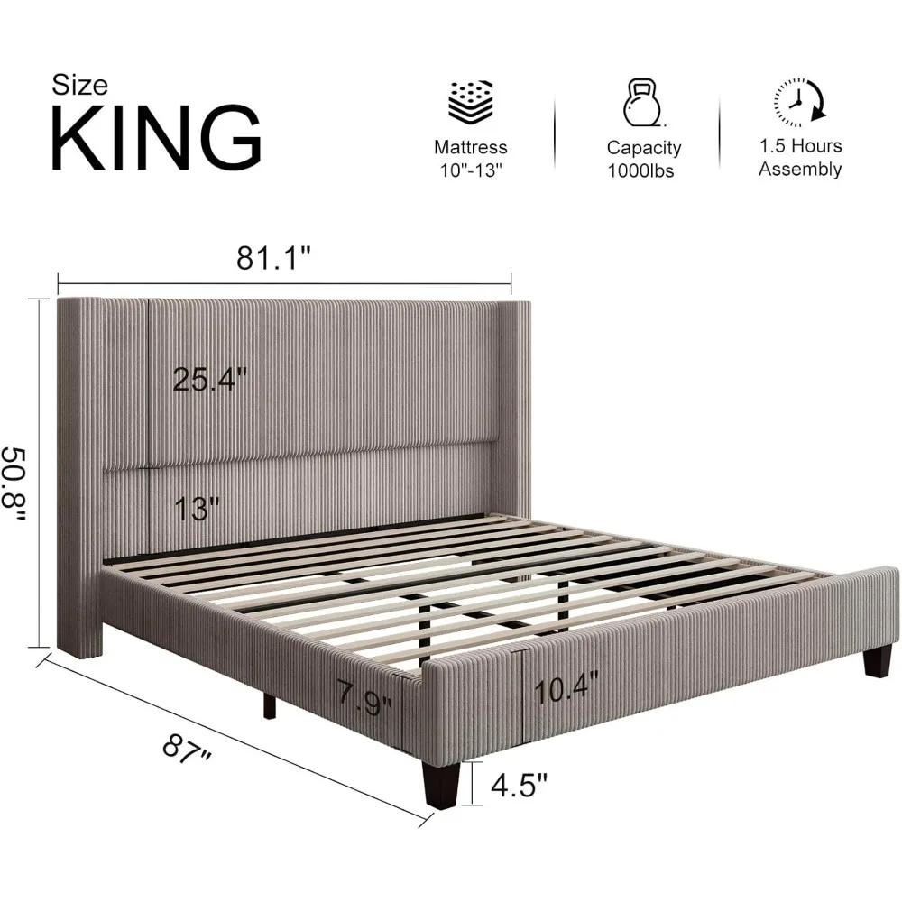 Queen Size Upholstered Platform Bed Frame, Wingback Bed with 50.8"Headboard, Corduroy,Solid Wood Leg,Noise Free,Taupe,Bed Frames 5