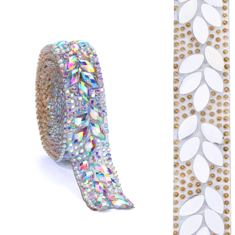 1 Yard Crystal AB Motiv Strass Hot Fix Strass Nähen Trim Tape Applikator Band mit Strasssteinen Eisen auf Applikationen für Dres – Detail 8