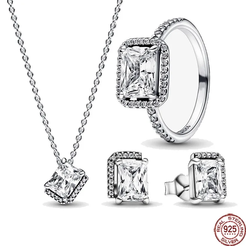 

2023Women's Jewelry 925 Sterling Silver Rectangle Shiny Halo Necklace Earring Set Exquisite Charm Women's Fashion Jewelry Gifts