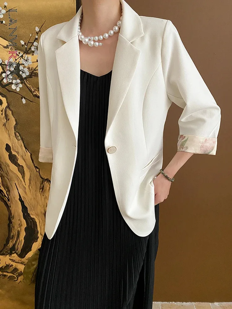 

[LANMREM] Linen Loose Blazers For Women Single Button Three Quarter Office Lady Jackets Fashion Coats 2024 Summer New 26D8994