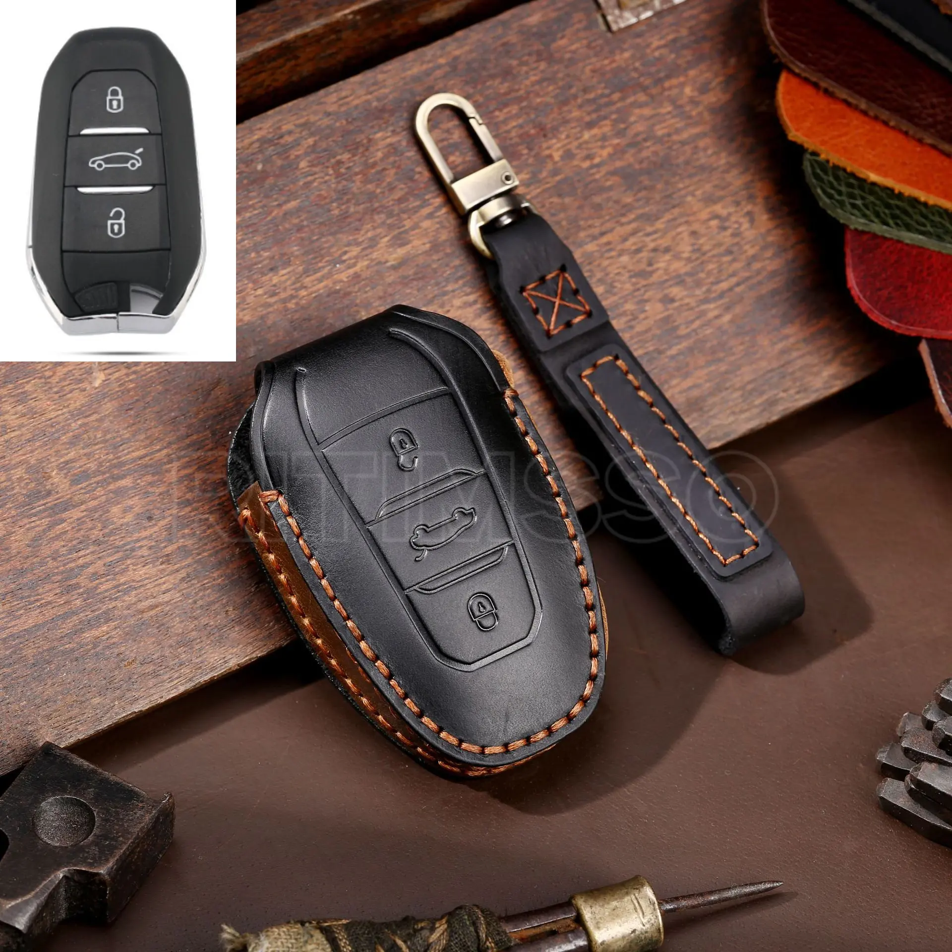 Leather Car Key Case Cover Shell Fob Holder for Peugeot 308 408 508 2008 3008 4008 5008 for
