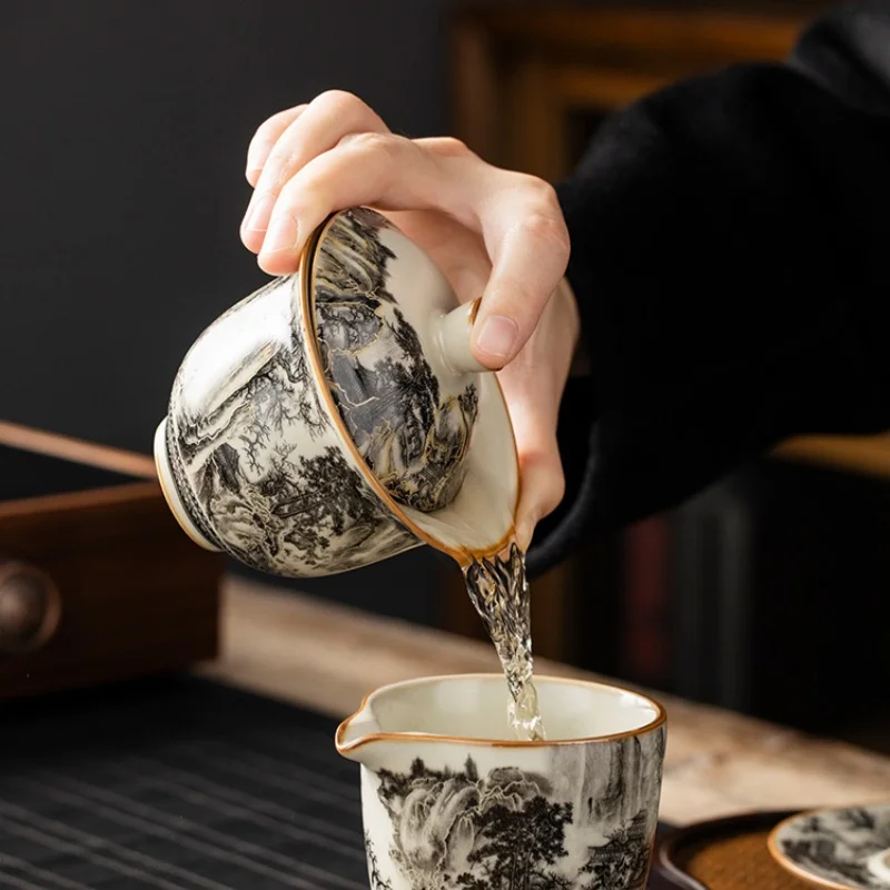 160ML Ru Kiln Landscape Porcelain Gaiwan Set tea set For Tea Tureen Teaware Cup Chinese Yellow Ceramic Opening Tea Bowls Ceremony