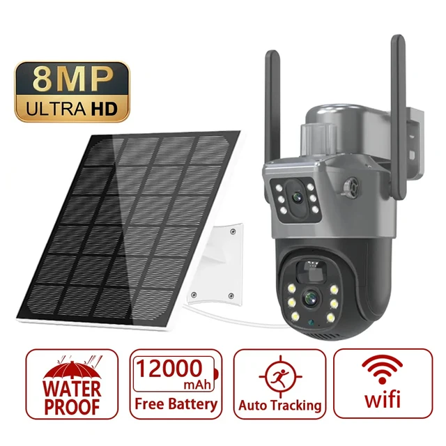 Caméra solaire PTZ à double objectif 4K 8MP, double écran, suivi humain PIR, surveillance extérieure WIFI, caméra IP de sécurité CTV 1