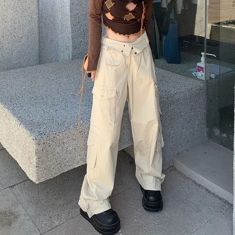 

Брюки-карго женские свободные повседневные, модные прямые мешковатые брюки на молнии с несколькими карманами, с завышенной талией