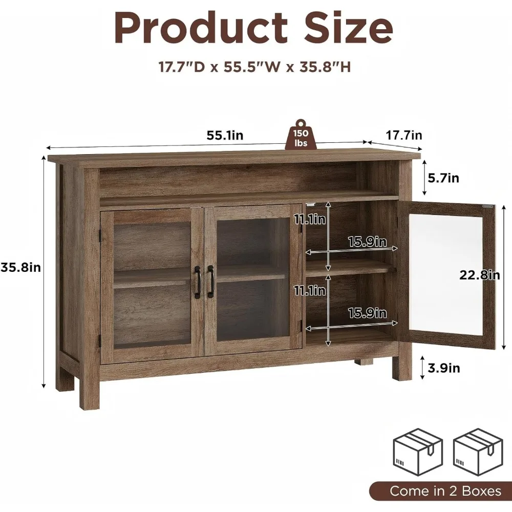 Sideboard Buffet Cabinet with Storage and 3 Glass Door, 55.5 Vintage Kitchen Storage Cabinet Buffets & Sideboards 2