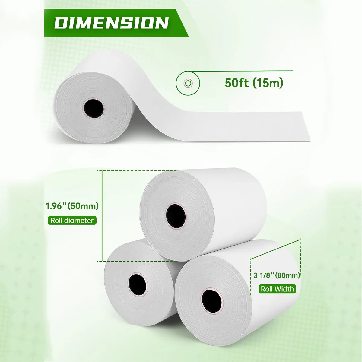 3 1/8 x 50 Thermal Paper (80mm x 50m) for Square POS System, Register Thermal Receipt Paper Rolls for TM-T88III,TM-T88IV,TM-T88V