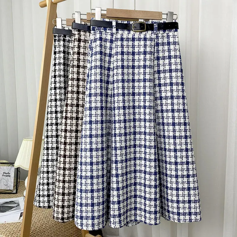 

2022 winter new lady thick wool skirt with belt Long big hem A-line plaid skirt Harajuku high waist houndstooth midi Skirt