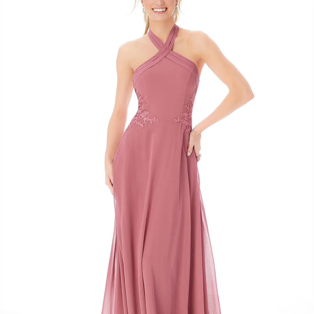 2023 Pure Color Halter Chiffon Bridesmaid Dresses Criss Cross Floral