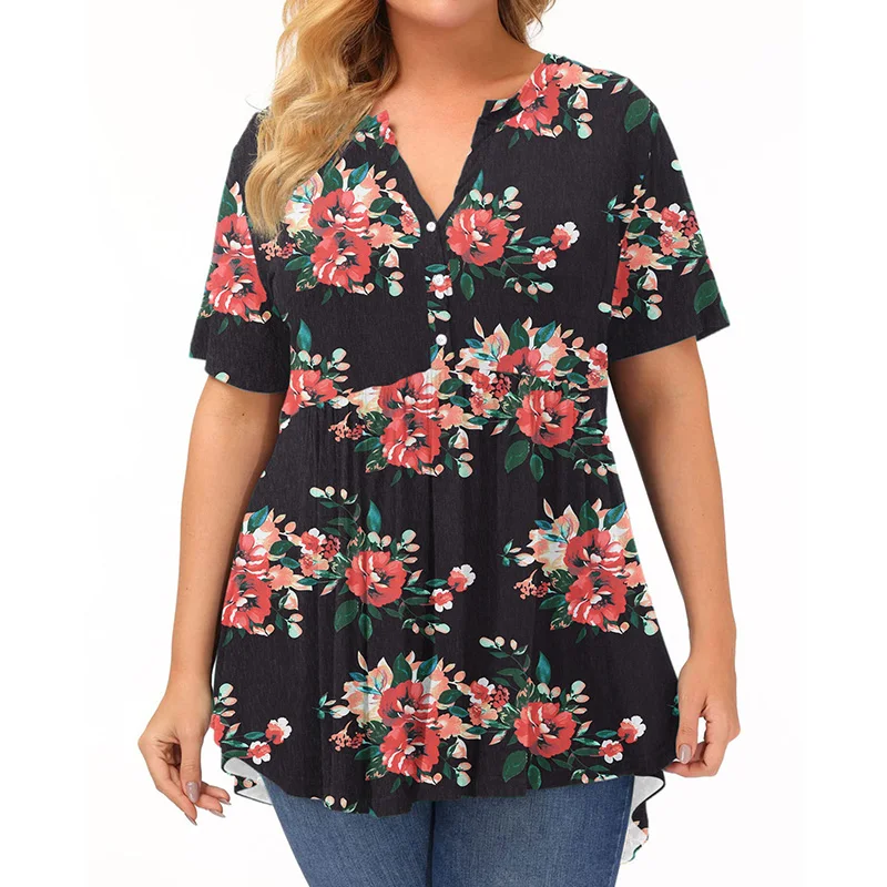 Womens Plus Size Clothes Floral Printing Tops Summer V-neck Button Casual Short Sleeve Pullover Basic Comfort Irregular T-Shirt