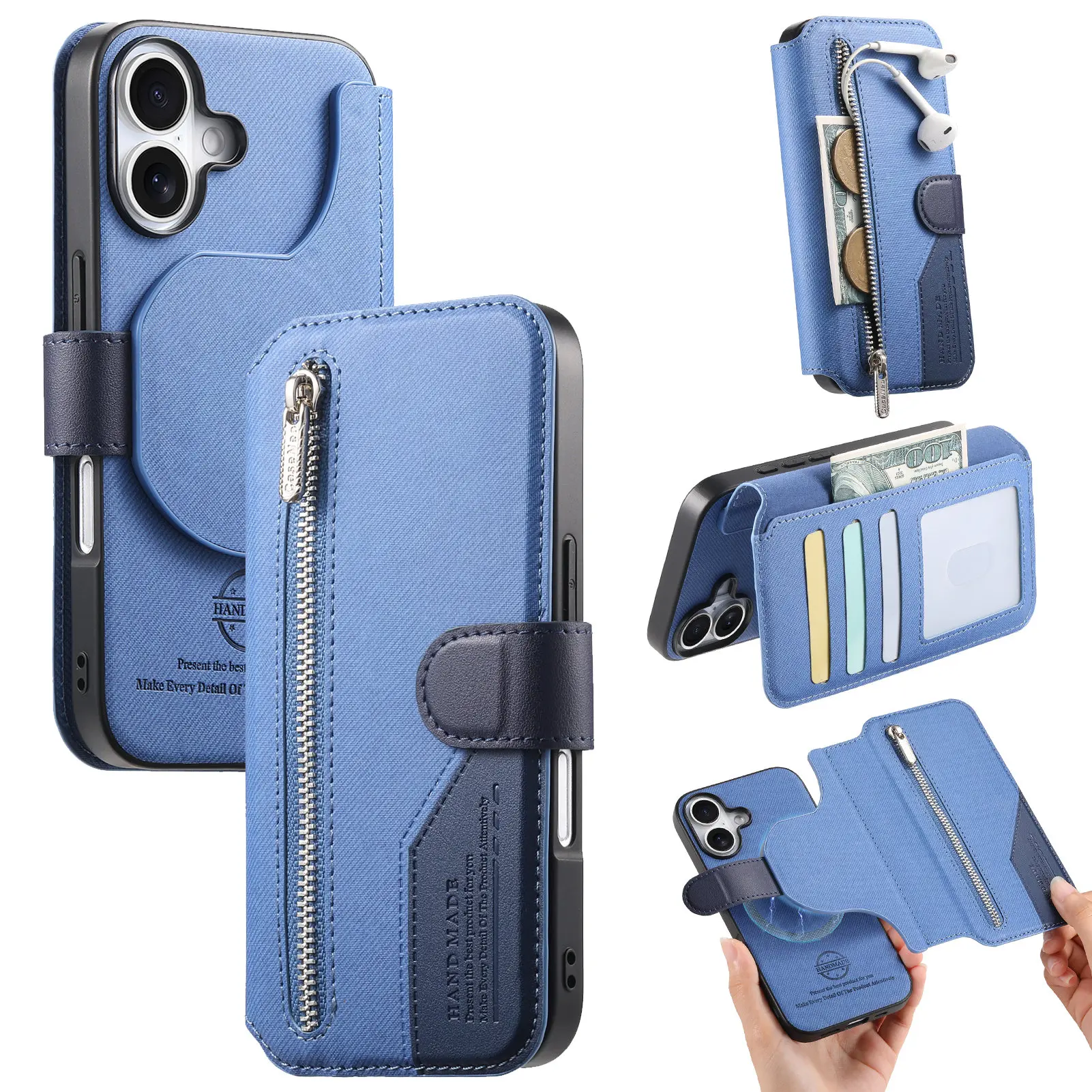 2-in-1 Wireless Charging Zipper Leather Flip Phone Case