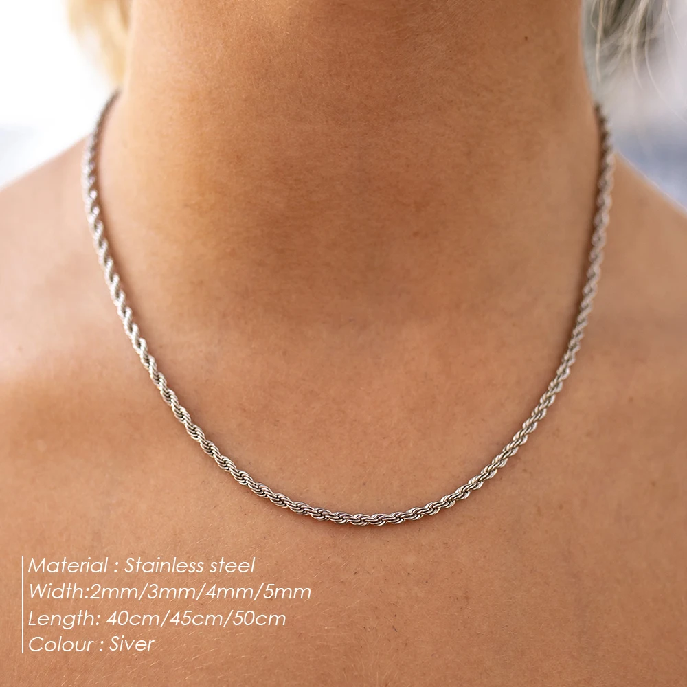 eManco 2/3/4/5MM Rope Chain Necklace Silver Color Chains Stainless Steel Never Fade Waterproof Choker Men Women Jewelry