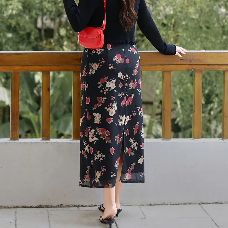Plus Size Women's Straight Skirt Premium High Waist Rose Floral Print  Back Slit Chiffon Skirt Summer 2025
