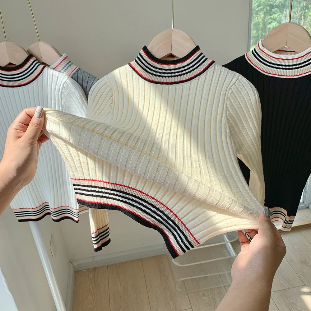 

2023 Winter Autumn Children Girls Sweater Cotton Striped Border Pullover Tops Knitted Stretch Turtleneck Bottoming Kid Girl Tops