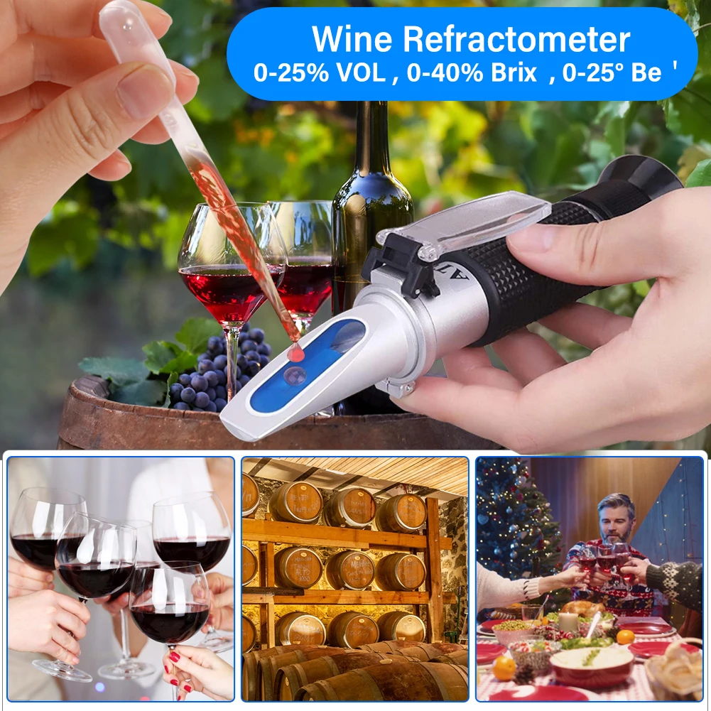 3-In-1 Druivenwijn Refractometer 0-25% Alcohol 0-40% Brix 0-25 ° Baume' Testerconcentratiemeter Met Atc Voor Het Brouwen Van Wijn