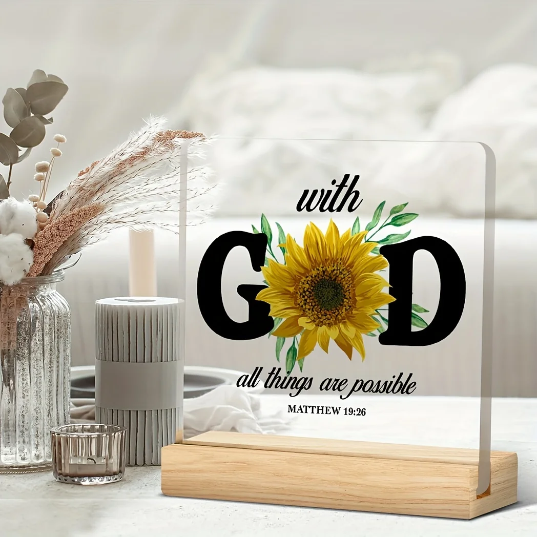 Inspirational Christian Decor Bible Verse Wall Pediment with Wooden Stand Acrylic Plaque Sign Table Decoration Desk Accessory