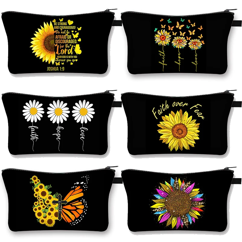 

Vintage Sunflower Butterfly Cosmetic Case Women Christian Faith Cross Hope Love Makeup Bags Organizer Zipper Pouch Lipstick Bag