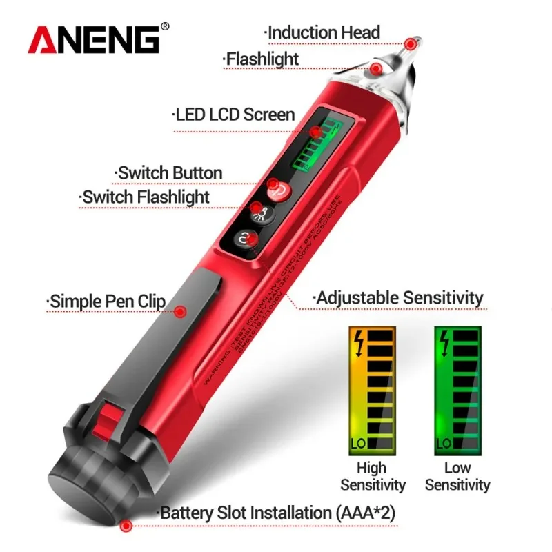 ANENG VC1010 비접촉식 전압 테스터 펜 디지털 전압계 12-1000V NCV 유도 테스트 도구