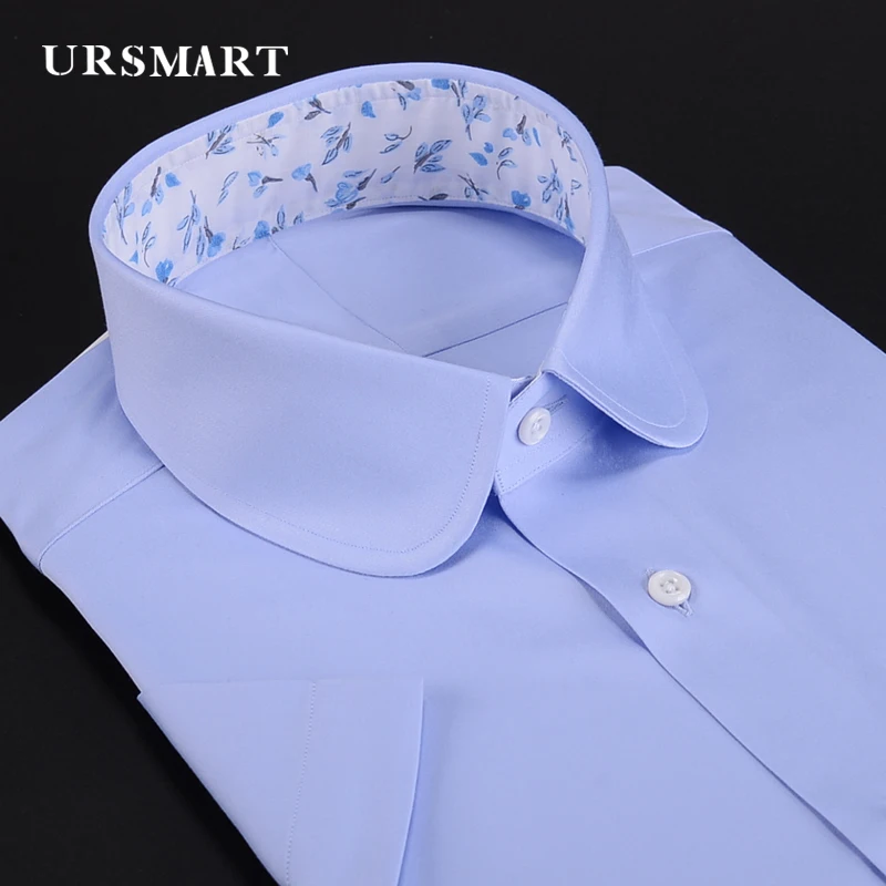 Round Eaton collar breathable slim summer men's short sleeve shirt vintage work casual men's shirt