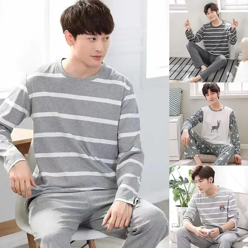 Man Pajamas Set Autumn Spring Long Pants Pajamas Youth Set