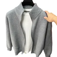 Cardigan ouvert pour homme, couleur unie, fermeture éclair, tricoté, coupe ajustée, col montant semi-haut, vêtement d'extérieur 5