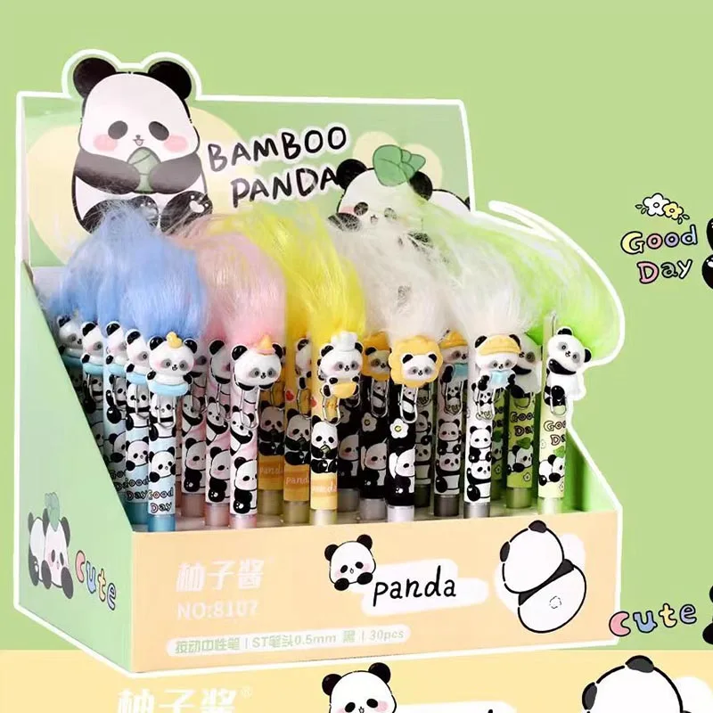 

30pcs/lot Creative Long Hair Panda Gel Pen Cute 0.5mm Black Ink Neutral Pens For Writing Office School Supplies