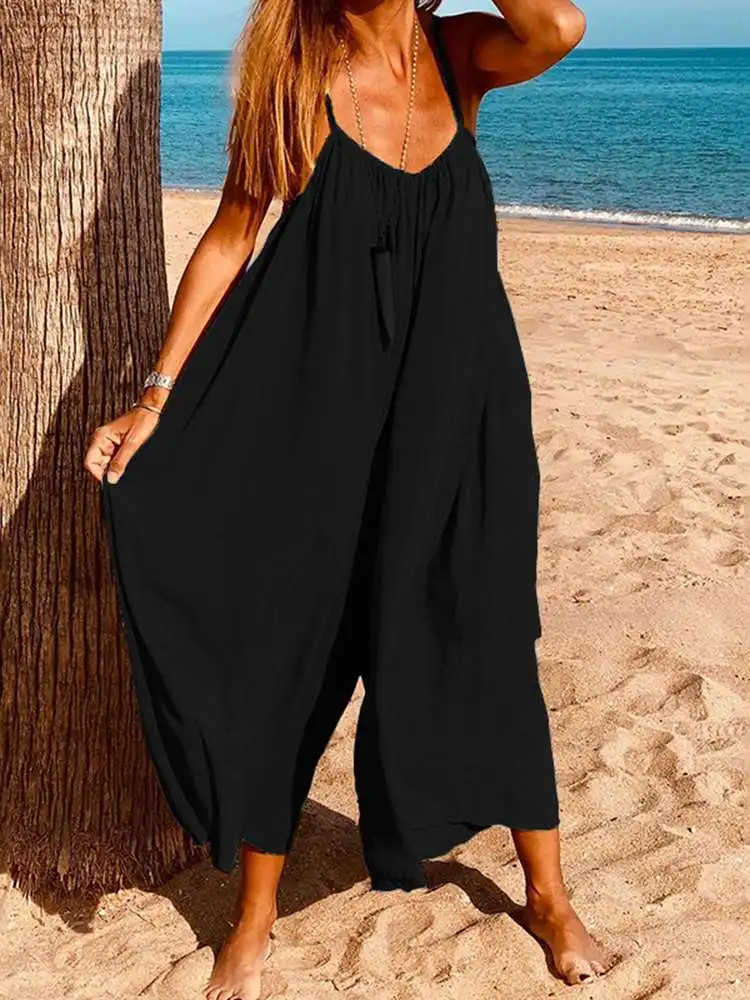 

VONDA 2024 Fashion Women Sleeveless Summer Loose Sexy Jumpsuits Solid V Neck Long Overalls Playsuits Wide Leg Pants Oversized