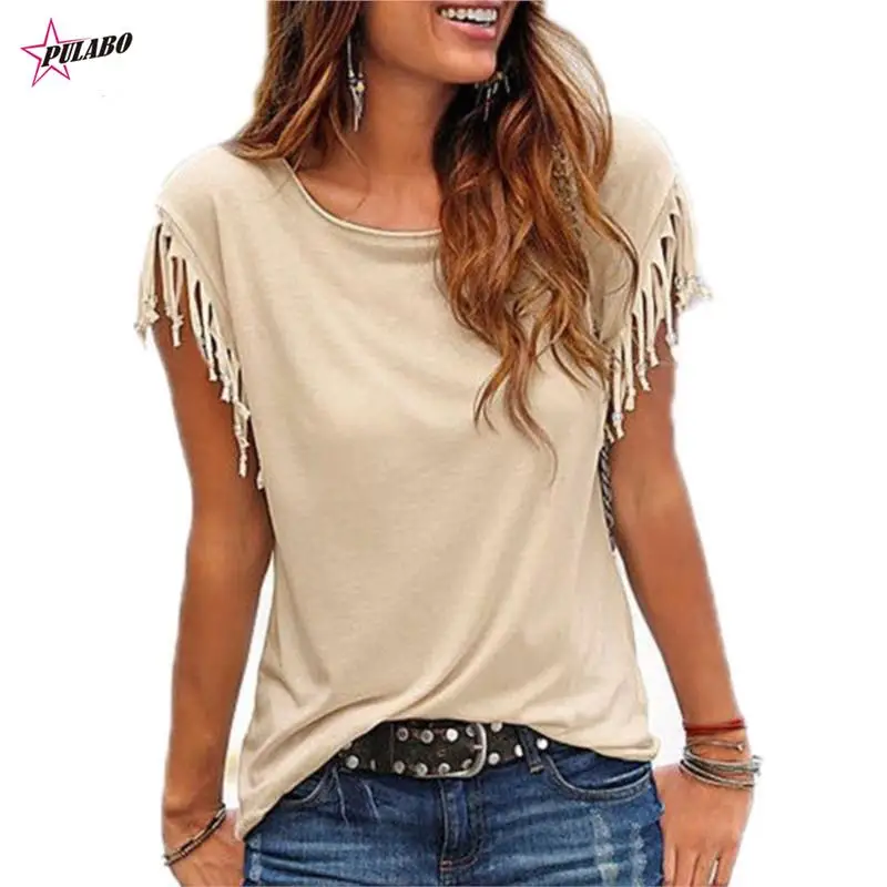 

PULABO Women Cotton Tassel Casual T-shirt Sleeveless Solid Color Tees Short Sleeve O-neck Women's Clothing T Shirt Hot Sales