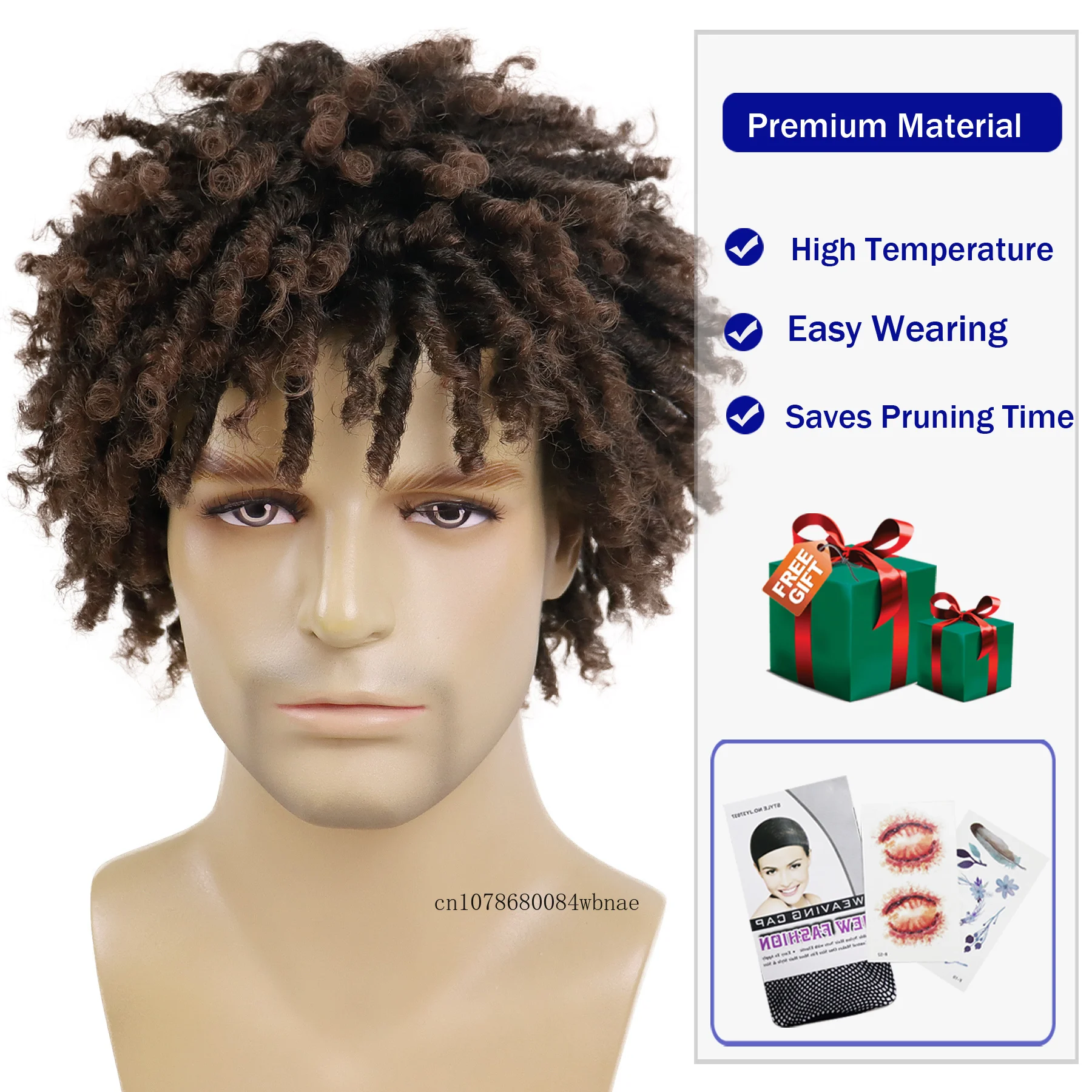 Mens Cool Wigs Synthetic Hair Ombre Brown Locs Crochet Twist Braided Wig with Bangs Boys Male Dreadlocks Wig Daily Party Cosplay