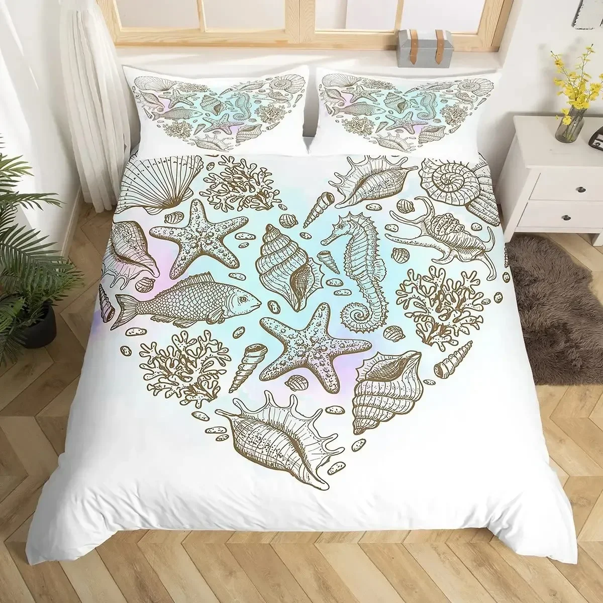 Sea Horse Bedding Set Ocean Duvet Cover King Queen Size Orange Coral Marine Life Home Textile Sea Urchin Soft Quilt Cover 2
