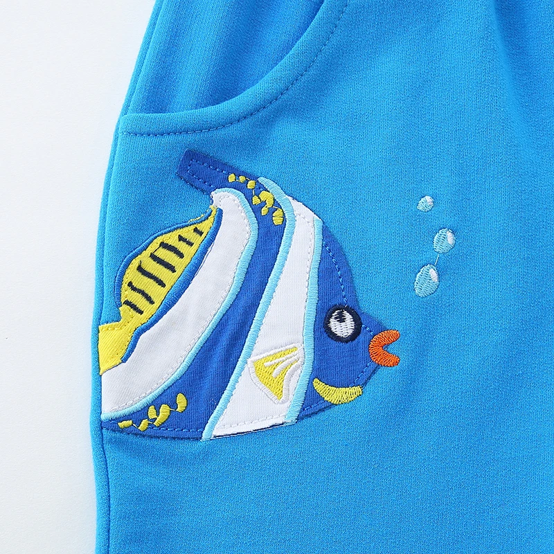 Summer Boys Shorts Blue Cartoon Fish Beach Pant Kids Clothes Baby Boys Sporty Shorts Knit Cotton Comfort
