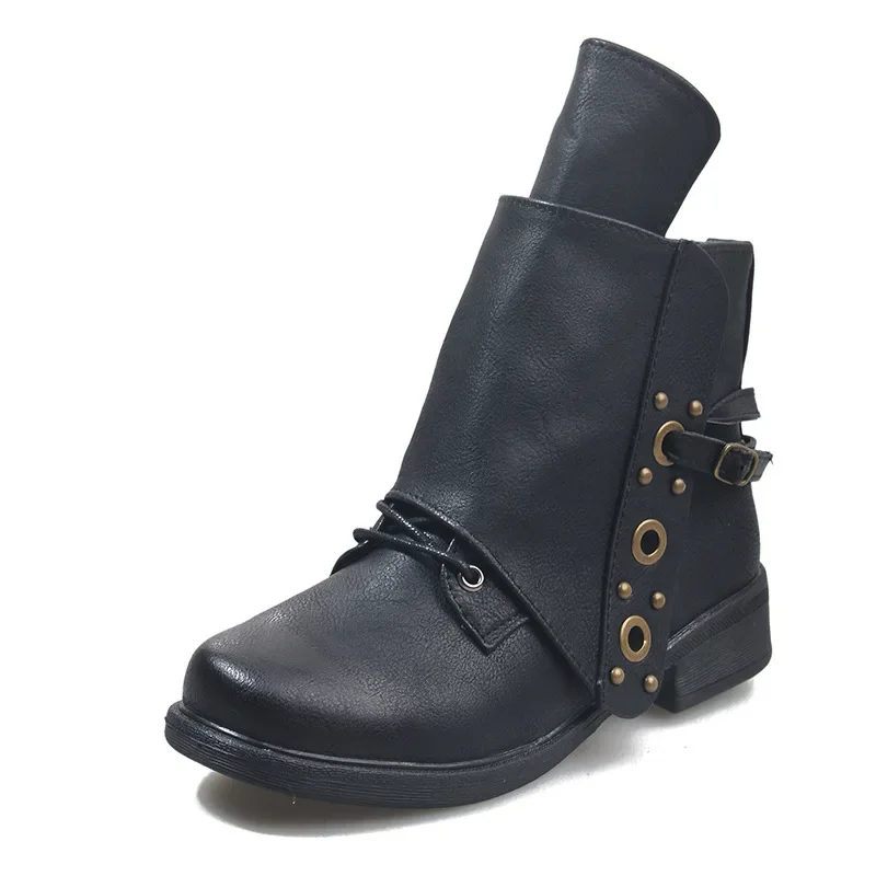 Women's Ankle Boots Women Female Autumn and Winter Retro Low Heels Ladies PU Leather Shoes Vintage Zip Boots Drop Shipping 2024
