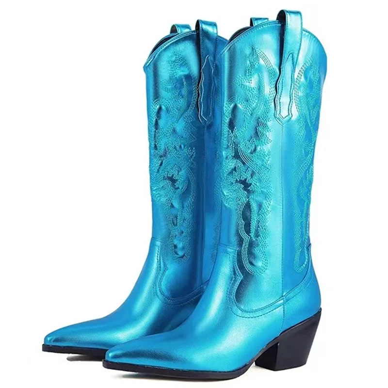 

Pointed Toe Embroidery Women's Boots New Fall Chunky High Heel Metallic Color/Pattern/Sewing Thread/Sleeve Red Mid Boots