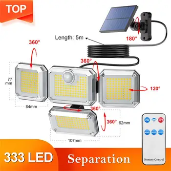333 LED 태양광 가로등, 야외 모션 센서, 인체 유도 조절 가능 헤드, Ip65 방수 태양광 벽 램프